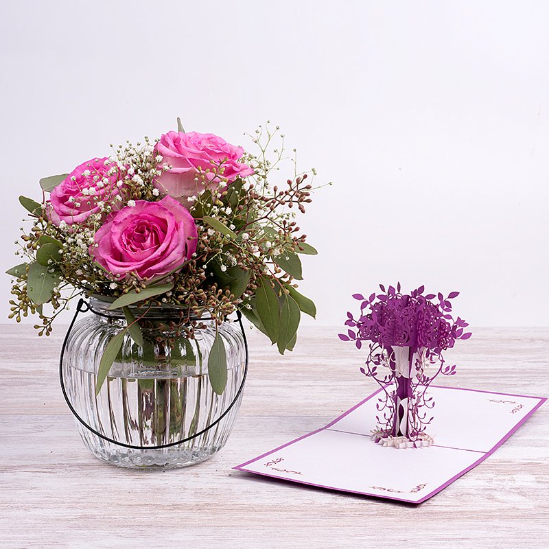 Mini Bouquet Romance - Rosas Rosas + jarrón + tarjeta 3D