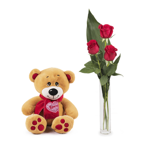 Douce caresse : 3 Roses et Peluche