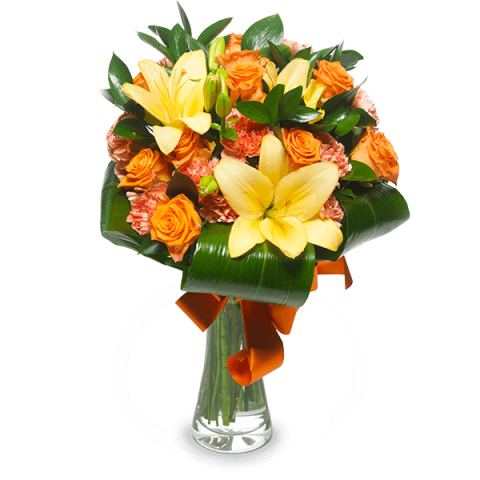 Tahitischer Traum: Orange Lilien und Rosen